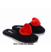 женские велюровые домашние тапочки Pago черные с краснм сердечком M-34